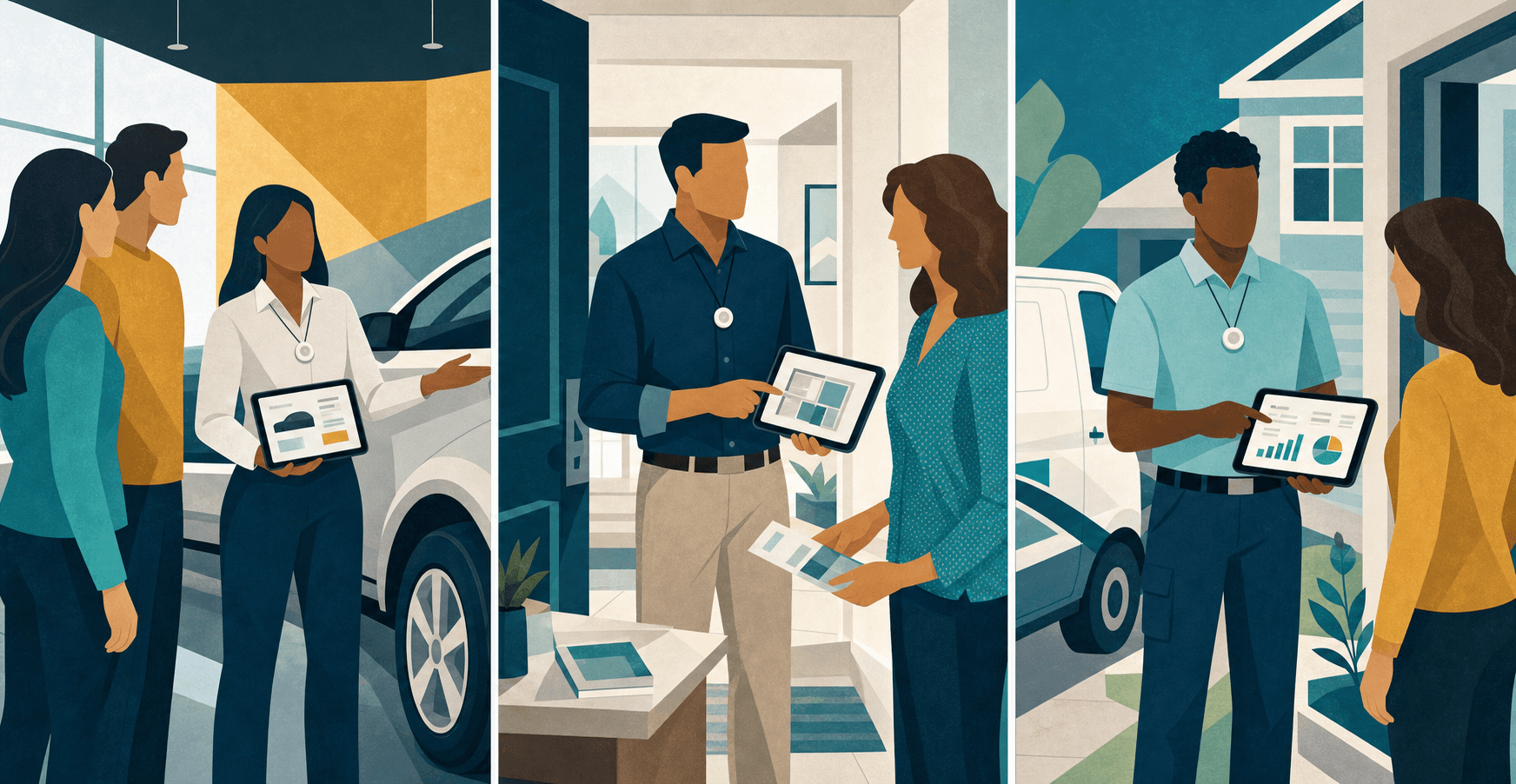 Abstract illustration of sales conversations in an auto showroom, inside a customer’s home, and at a doorstep